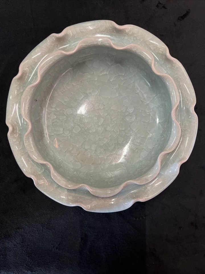 Cuenco lobulado esmaltado Celadon chino vintage al estilo de Ru Ware Foto 4 de 4