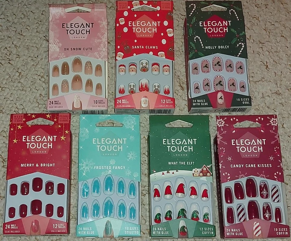 Elegant Touch London Artificial Nails Christmas Santa Elf Gift Candy Cane Snow