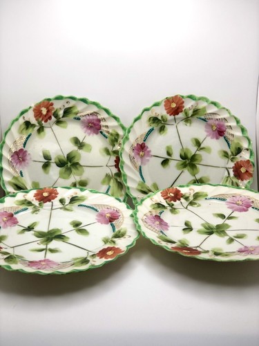Nippon Japan Hand Painted 6.25” Side Plates Green With Gold Floral- Set Of 4