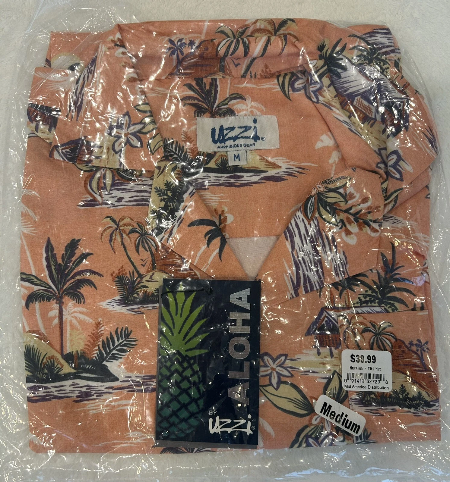 AHOLA by UZZI Men's Hawaiian button up, collared shirt-orange w/palm trees-NEW
