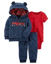 Carter's Plaid Firetruck Microfleece 3D Ear Jacket, Bodysuit & Pants Set 9 month
