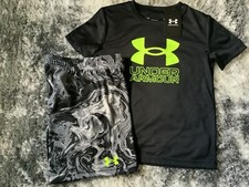 Boys Under Armour black  bright yellow tshirt  marbled shorts set size 5 NWT