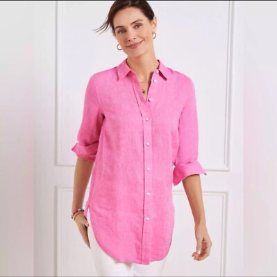 Talbots Linen Boyfriend Shirt Tunic Women X Plus Button Down Long Sleeve Pink