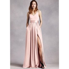 VERA WANG [WHITE] 2 V-Neck Halter Deep V Satin Charmeuse Blush Baby Pink Bow