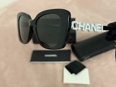 Chanel Black Acetate & Strass Square Frame Logo Sunglasses  display picture 3