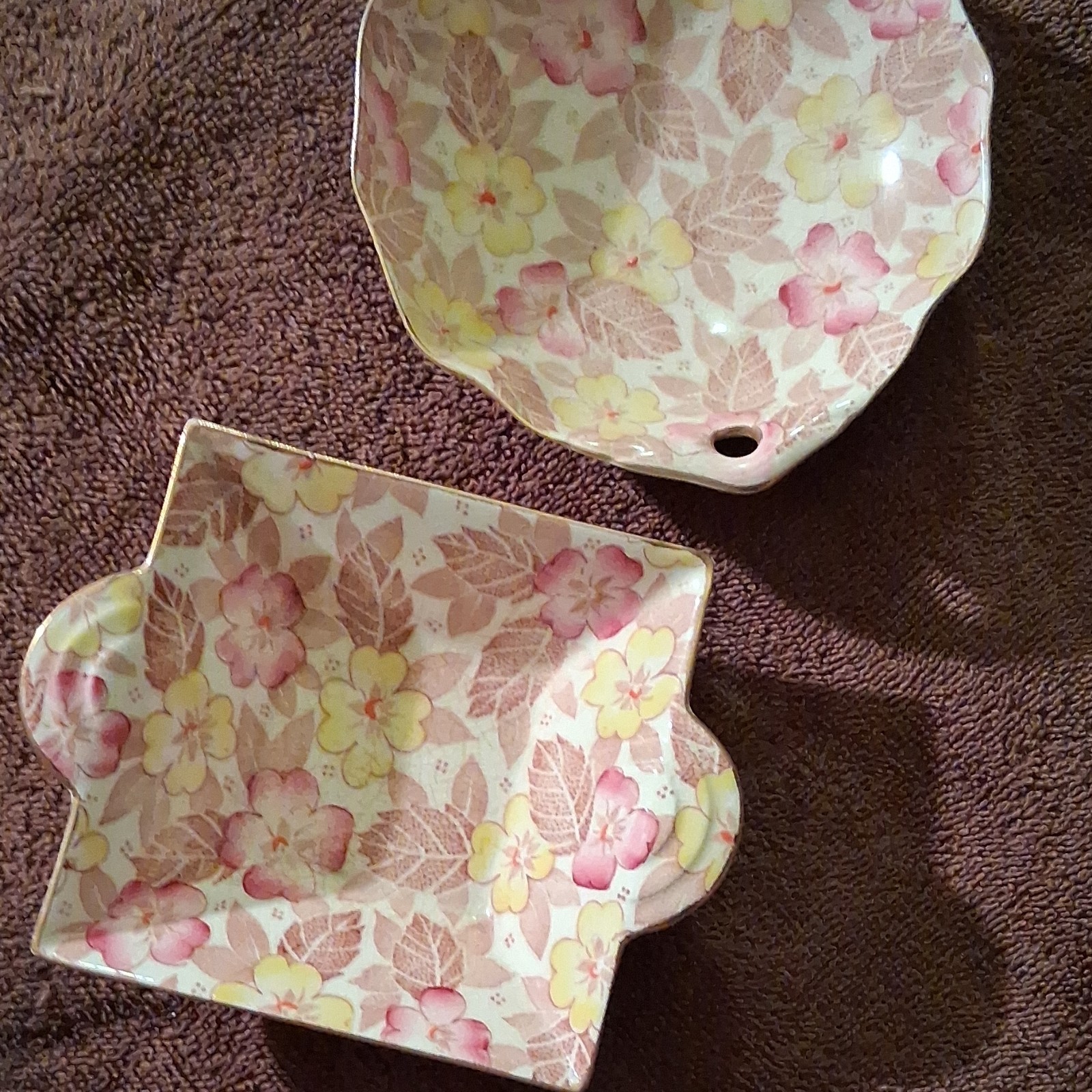 Floral Chintz Ceramic Dishes Set of 2 Pink Yellow Beige Square Round Glossy