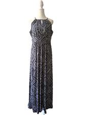Loft Women’s Large Navy Cream Diamond Geometric Boho Stretch Halter Maxi Dress
