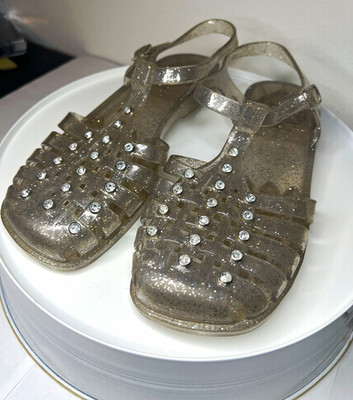 Girls Silver/Clear Jelly Strappy Sandals Buckle Adjustable Glitter Rhinestone 5