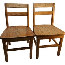 Vintage Solid Oak Wood School Chair Child Size Saddle Seat Classroom Set of 2
