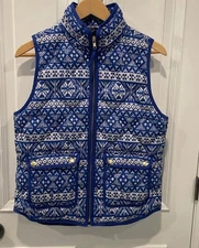J.Crew Women's Small Blue Fair Isle Down Puffer Vest Jacket Zip Quilted Winter