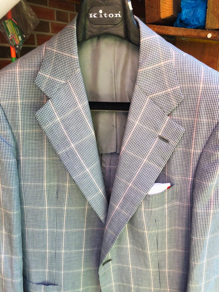 Casaco esportivo Kiton 38/48 como novo lã/seda/linho azul/rosa janela Houndstooth - Imagem 3 de 4