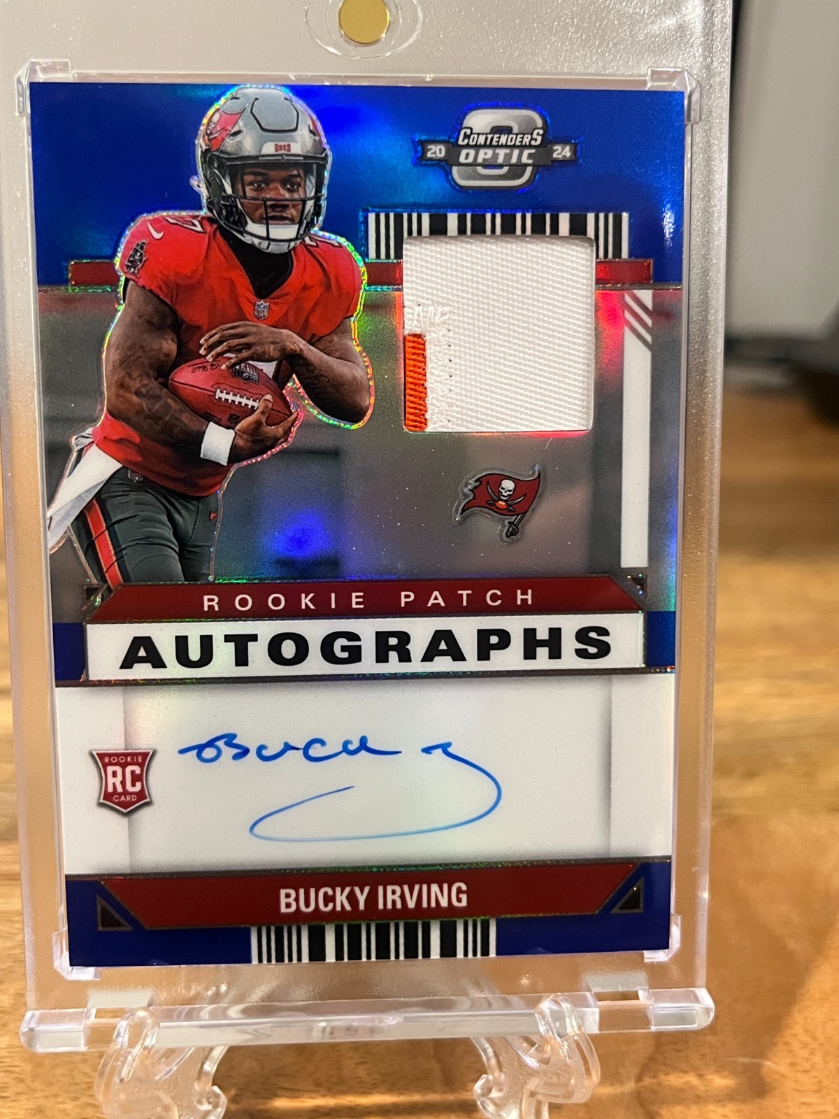 Bucky Irving 2024 Panini Contenders Optic RPA Rookie Patch Auto Blue 46/50 Bucs