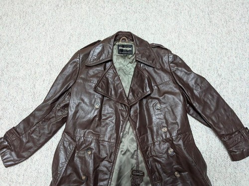 vintage 1970s double breasted BELTED leather coat 38 brown cowhide SHERLOCK - Picture 5 of 8