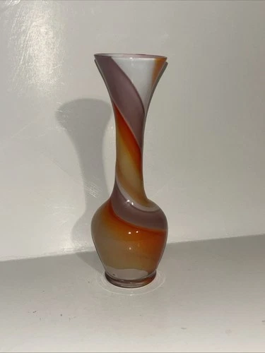 Vintage Orange,Purple White Swirl Cased Art Glass Murano Style Blown Bud Vase 8"