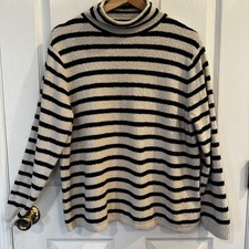 J.Crew Striped Roll Neck Sweater Ivory Navy Blue Cotton Blend Size Large Classic