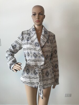 Jack Blue 100% Cotton Geometric Pattern Wrap Jacket Coat Belted Washable Size S