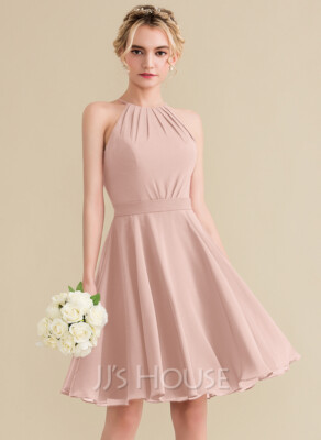 JJ's House Dusty Rose Short V-Neck A-line Chiffon Lace Sleeveless Bridesmaid Dress 2026