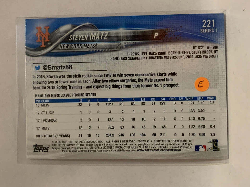 #221 Steven Matz New York Mets 2018 Topps Series One Baseball Card MLB - Image 2 of 2