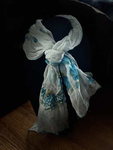 Vintage CHIFFON Scarf-Victorian Blue Floral , sparkle accent , sheer