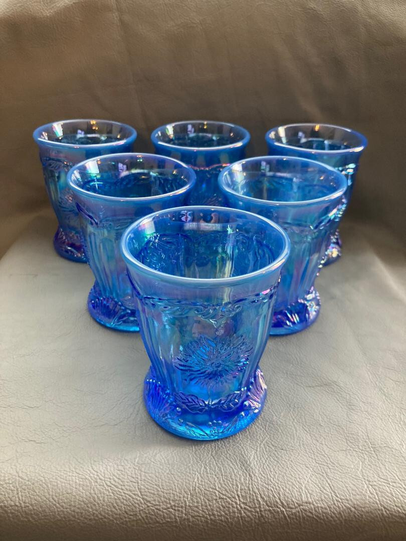 6 Vintage MOSSER "Dahlia" Blue Carnival Glass Opalescent TUMBLERS Glasses, Cups eBay