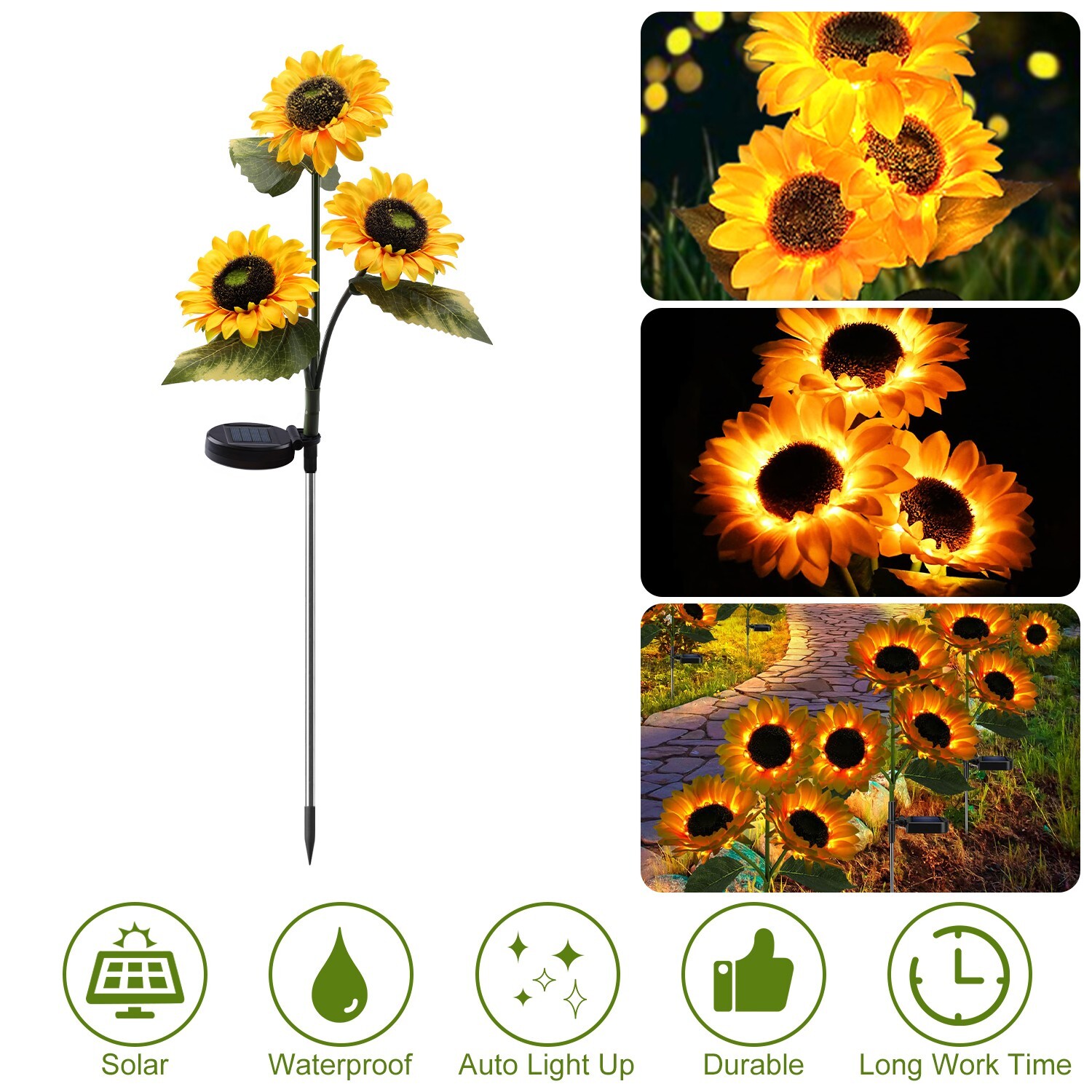 Outdoor 3 Heads Sunflower Solar Garden Stake Lights Waterproof Yard