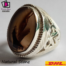 Ring 925 Sterling Silver Men Agate Aqeeq Stone Natural Yemeni Handmade         