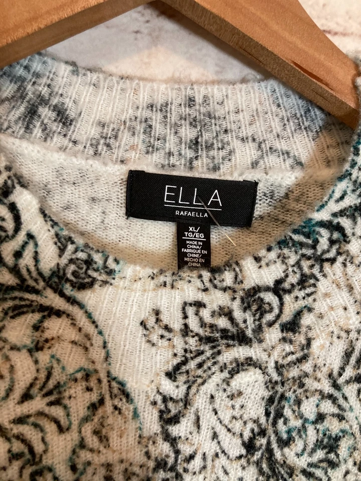 Suéter ELLA Rafaella para mujer XL verde azulado oscuro estampado jacquard suave suéter cuello redondo Foto 3 de 4