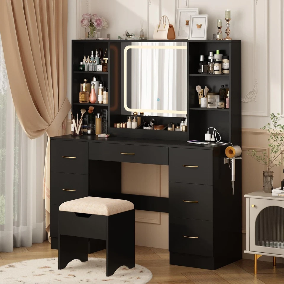 47" Large Vanity Desk with Mirror and and Power Outlet, LED Lighted Vanity Set - Image 4 of 4