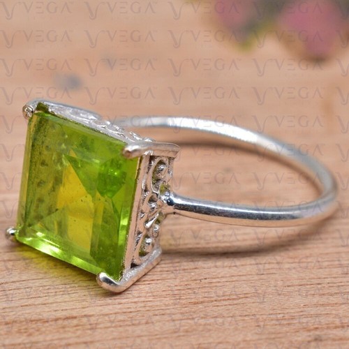 5.00Ct Princess Natural Peridot Solitaire Engagement Ring 18K White Gold Plated - Picture 3 of 16