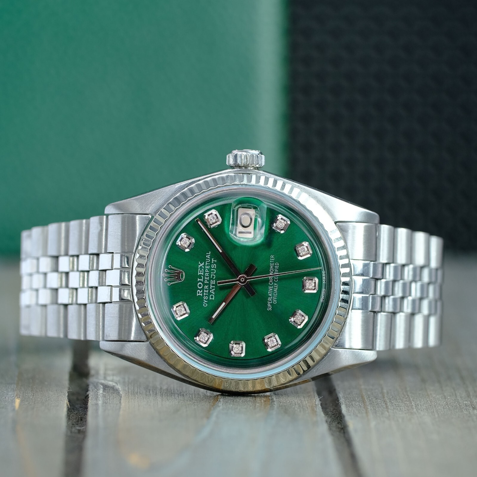 Rolex Datejust 1601 Steel Green Diamond Dial Fluted Bezel Watch w/Original Box image 3