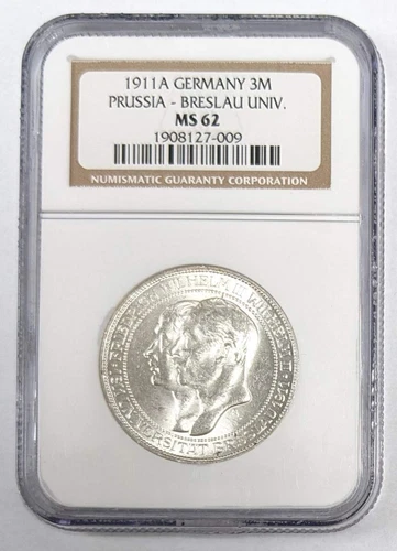 1911 A Germany 3 Mark Prussia Breslau University NGC MS 62