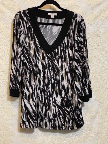JM Collection 2X Black Brown Ivory V Neck Stretch Knit Jersey Pullover Blouse