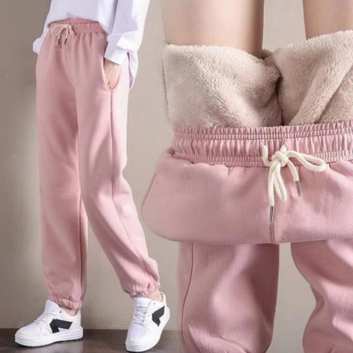 Soft Fleece Lined Sweatpants Women Casual Jogger Pants Ladies Pink L