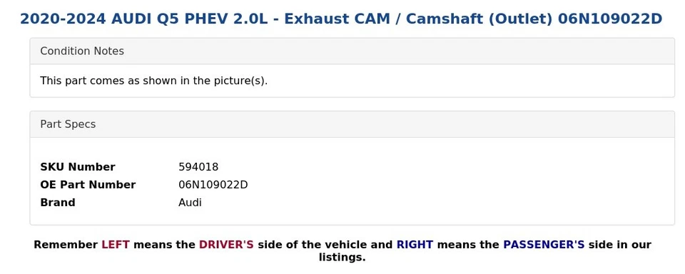 2020-2024 AUDI Q5 PHEV 2.0L - Exhaust CAM / Camshaft (Outlet) 06N109022D - Image 4 of 4