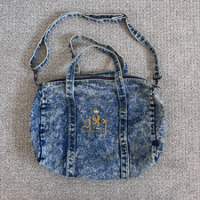 Vintage Acid Wash Denim Bag Shoulder Strap Embroidered Logo Medium 1980s