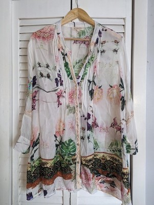 All About Her White Sheer Floral Embroidered Long Sleeve Blouse Women Size XL 