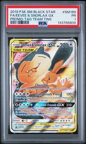 Eevee & Snorlax GX Tag Team PSA 1 2019 Pokemon Sm Black Star Promo #SM169