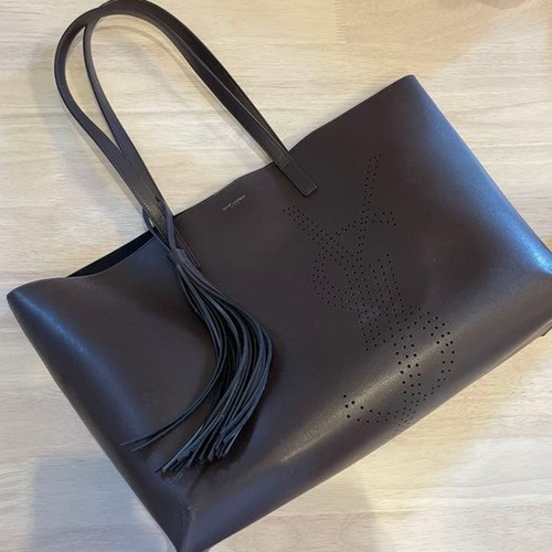 YSL Saint Laurent Tote Bag Shoulder Bag Brown Leather Punched Logo Women's