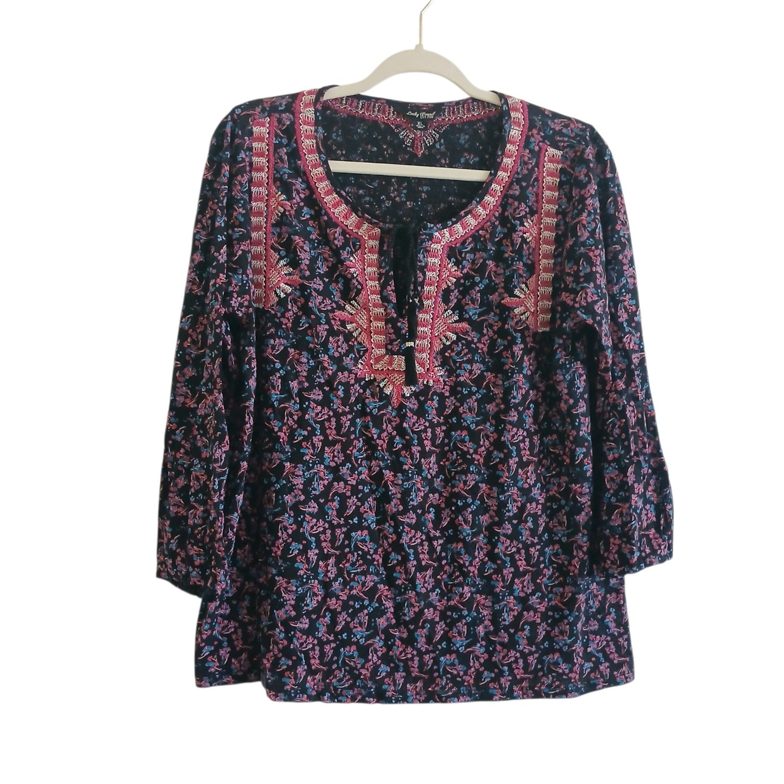 LUCKY BRAND Embroidered Ditsy Floral Peasant Top Women’s XL Boho Tassel
