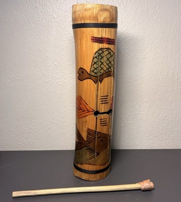 Vtg Bamboo Slit Tongue Drum & Stick Cylindrical HandMade Percussion Turtle. Fish