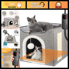 Heated Cat Bed with Removable Heating Pad, Foldable Indoor Cat House  Scratch P