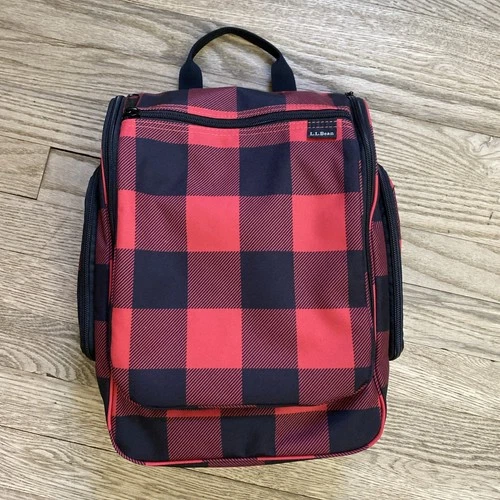LL Bean Cosmetic Toiletry Accessory Organizer Travel Bag Red Tartan Plaid
