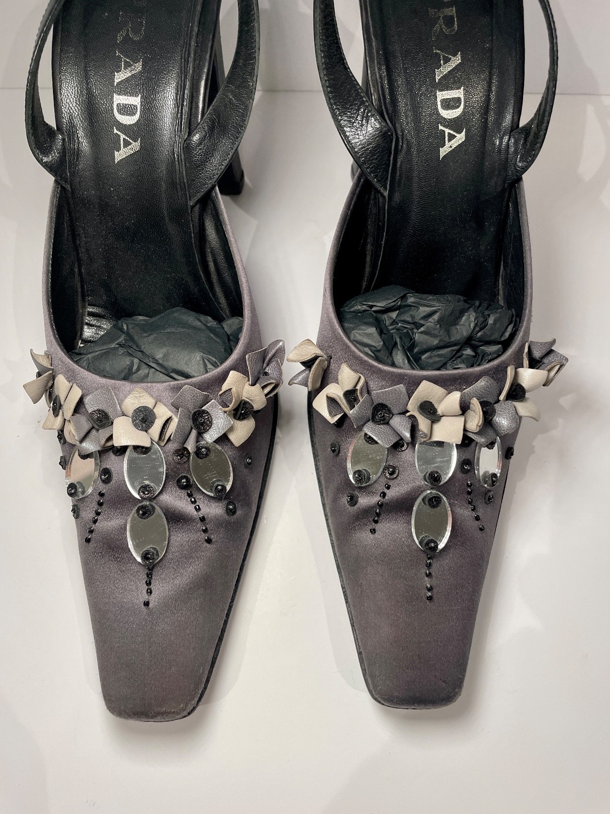 Genuine Vintage Prada ladies grey satin embellished high heeled occasion shoes 