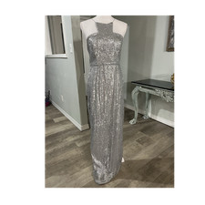 Adrianna Papell Silver Sequin Halter Sleeveless Long Formal Gown Dress Size 6