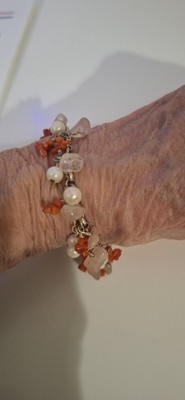STERLING SILVER CHARM BRACELET RED CORAL CHIPS PINK ROSE QUART AND REAL PEARLES