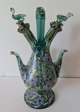 Spanish Art Glass Wedding Cruet Decanter Antique Enamel Spain 11" Tall