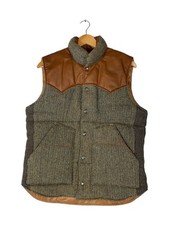 Harris Tweed Leather Yoke/Down Vest/Wool/Beige/Herringbone 12512