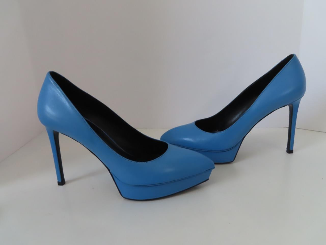 Scarpe décolleté Saint Laurent blu pavone in pelle Janis platform taglia 38 US 8