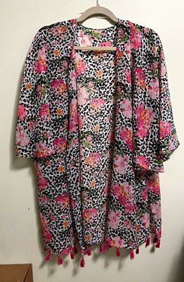 Simply Noelle Sheer Open Front Floral Leopard Shawl Poncho Cardigan Boho OSFM
