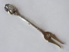STERLING SILVER HORS D'OEUVRES FORK, TWO CHERRIES ON HANDLE, GOLD WASHED TINES